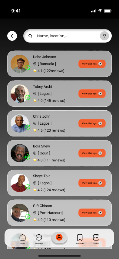 Shelter Naija Agent's list screen
